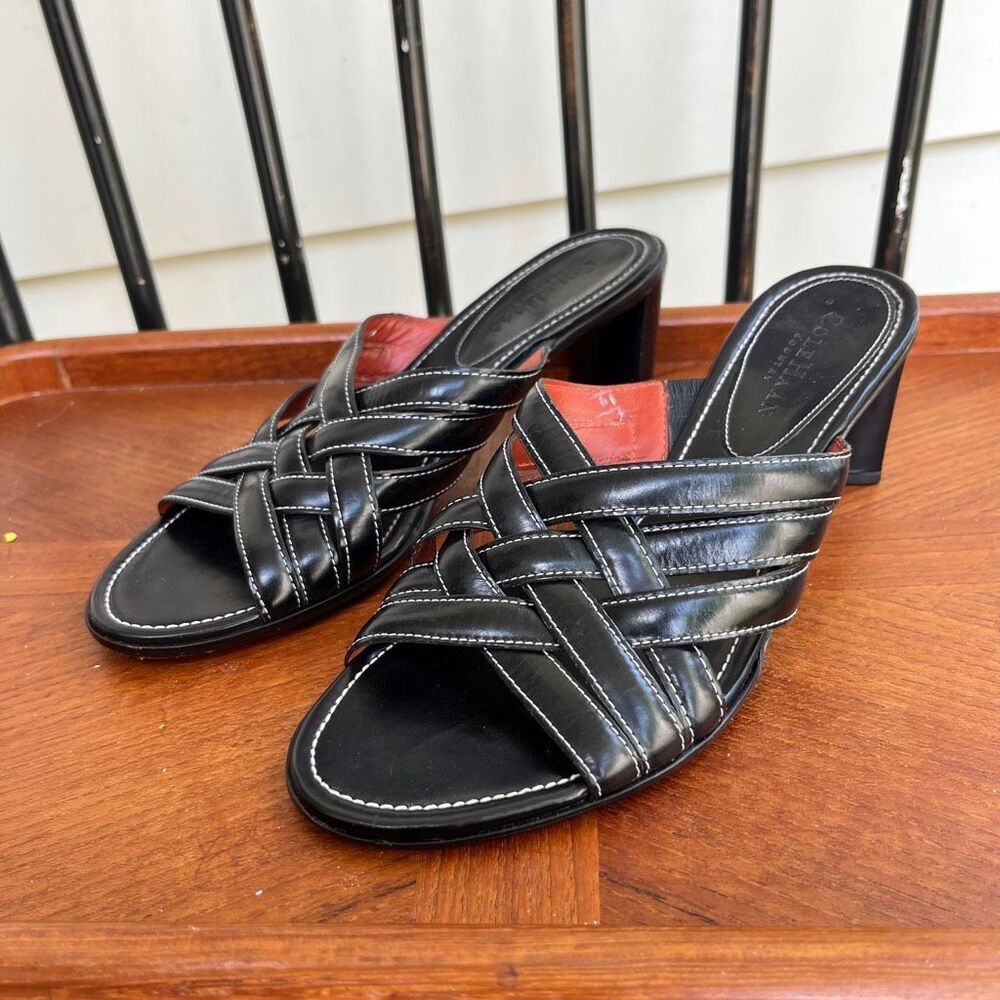 Cole Haan Black Leather Woven Mule Heels Contrast Stitch Slide Sandals 8